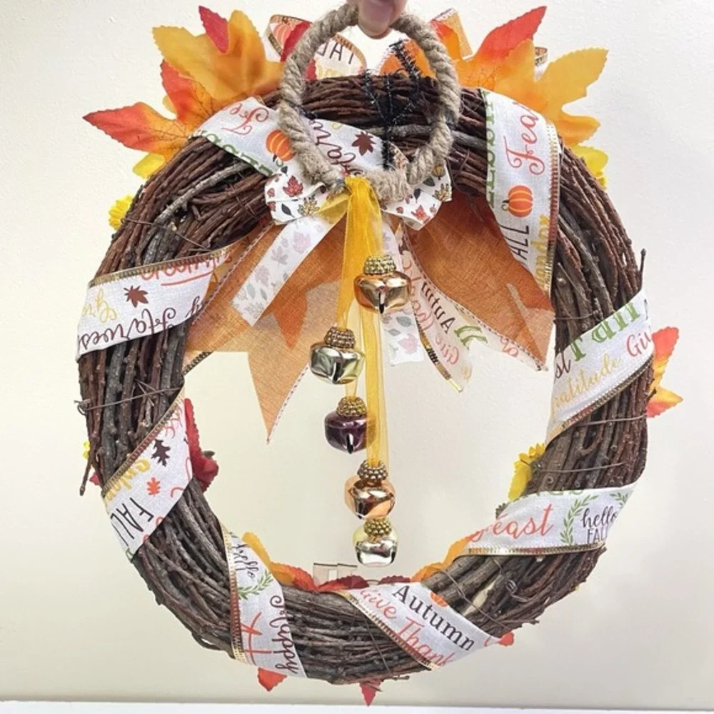 New Hand Made Autumn Wreath Hello Fall‎ Acorns Sunflowers Bells Bow